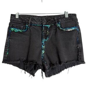 Hot Topic Black Heart Low Rise‎ Shorts Womens 9 Sequin Cut Off Denim Club